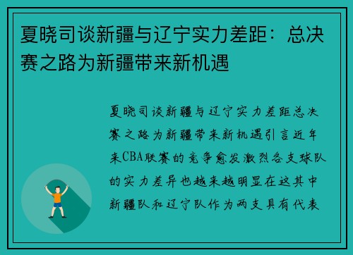 夏晓司谈新疆与辽宁实力差距：总决赛之路为新疆带来新机遇